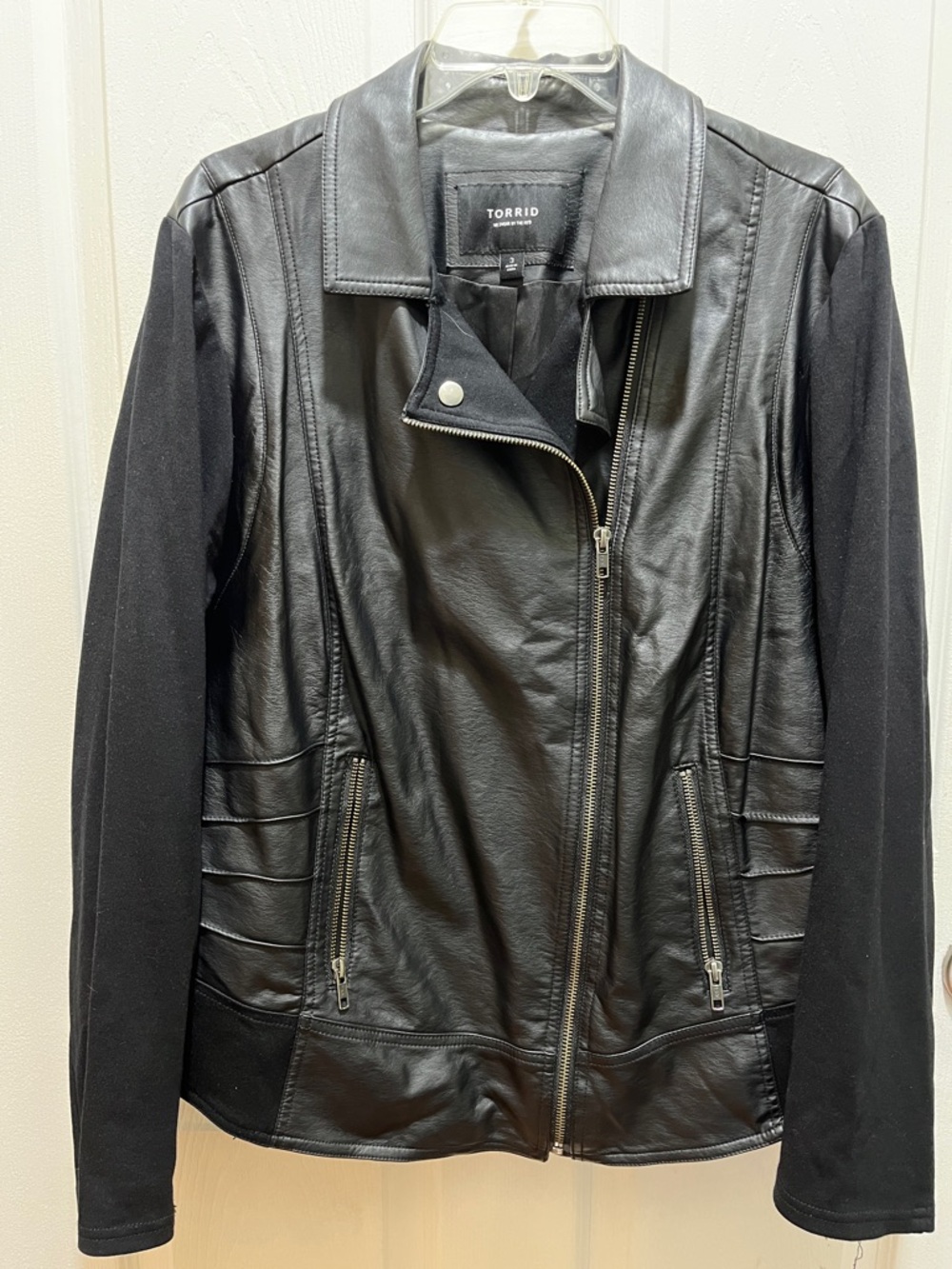 Torrid Black Faux Leather Moto Jacket with Knit Sleeves